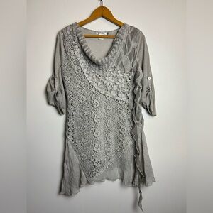 Feratelli Blouse TunicTop Women S Gray Silver Lagenlook Fairy Beaded embroidery